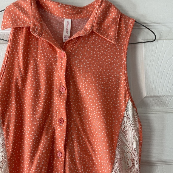 Exhilaration orange peach sheer Floral lacy button front Highlow shirt blouse - Picture 6 of 17